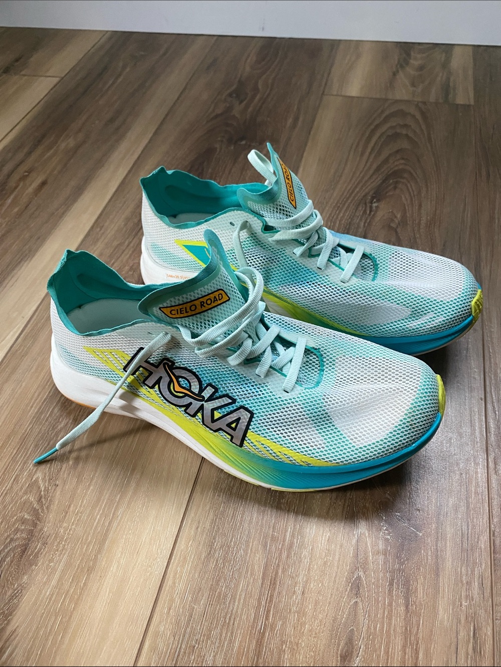 Hoka Teal, Yellow & White Cielo Road Running Shoes